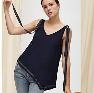 Charli Stella Tank Top Assymetrical Shoulder Ties Satin Navy Sleeveless Sz US 4